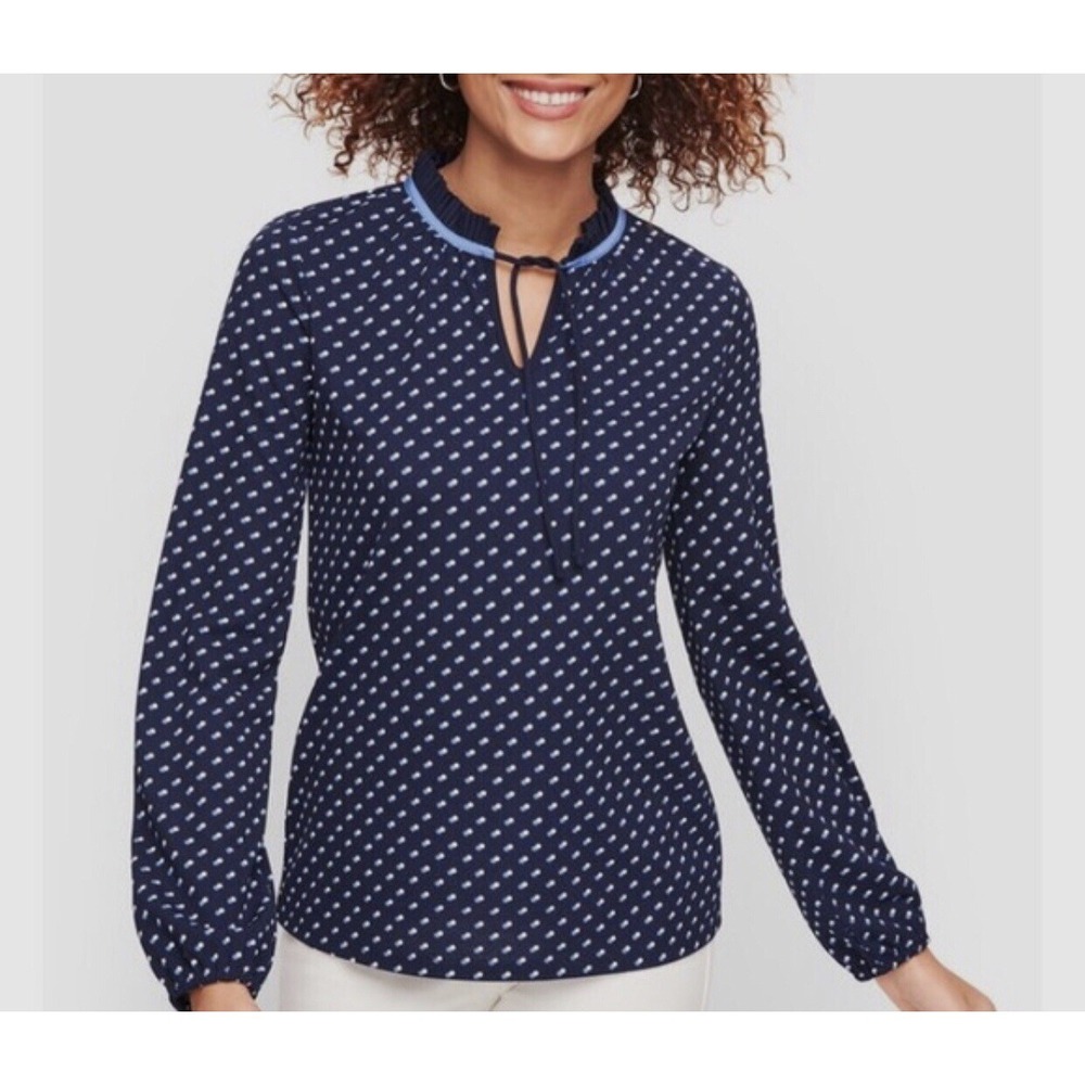 Talbots Top L Navy Knit Pleated Collar Bow Tie Neck Polka Dot NEW